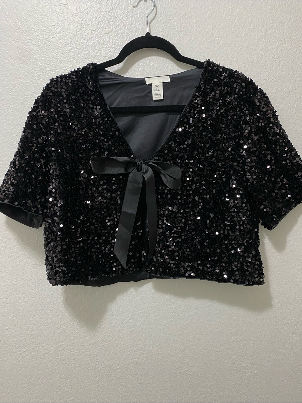 H&M Black Sequin Tie-Front Cropped Top